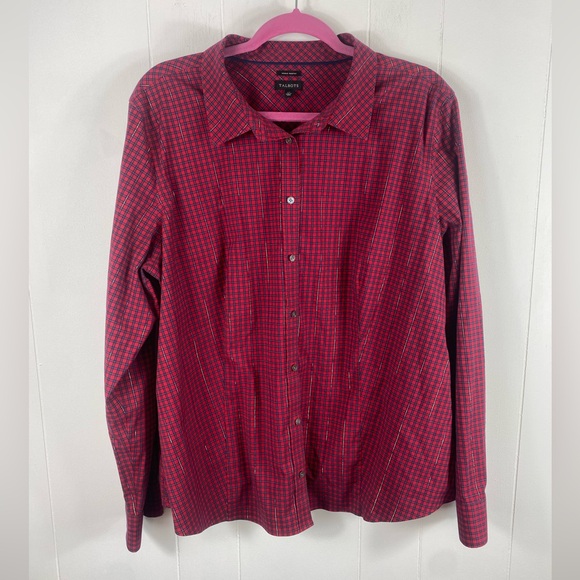 Talbots Wrinkle Resistant Rednavy Metallic Button Up Blouse Plus Size 20 - Picture 1 of 5